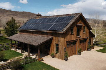 Rustic barn-style home with rooftop solar panels in Billings Montana.
