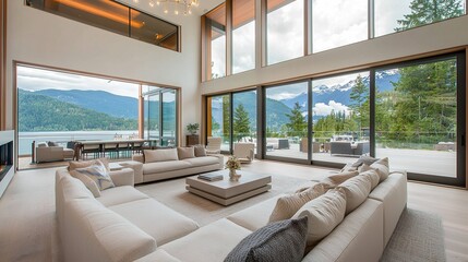 Fototapeta premium A modern, spacious living room with large windows showcasing mountainous views, featuring a neutral color palette and contemporary furniture.