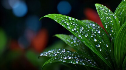 Green leaves covered with fresh water droplets after rain with blurred background