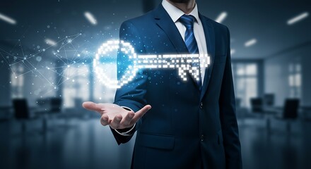 Businessman holding a glowing digital key, a concept for cybersecurity, technology access, and business solutions in a modern office.