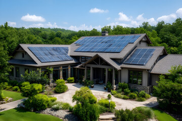 Obraz premium Modern ranch-style home with rooftop solar panels in Nashville Tennessee.