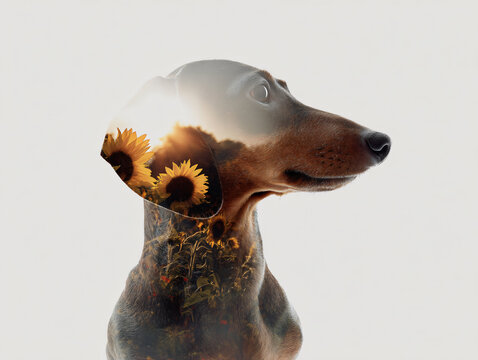 Dachshund Portrait Sunflower Field Double Exposure Photography Colorful Outdoors Nature Dog Lover Art Vibrant Silhouette Beautiful Cute Pet Animal Peaceful Abstract Whimsical Landscape - Powered by Adobe