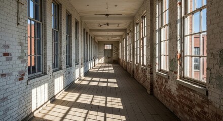 Long Empty Hallway in Abandoned Factory with Many Windows and Peeling Paint