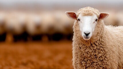 Fototapeta premium Close up portrait of a white sheep with a fluffy fleece facing forward in a field