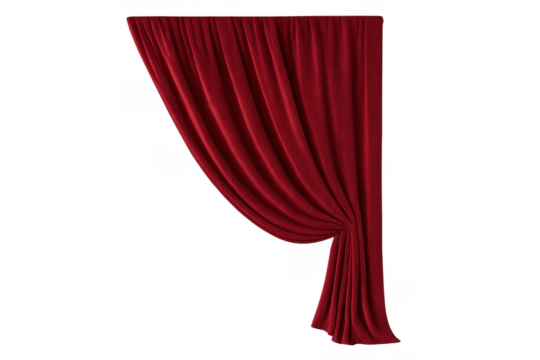Elegant red curtain partially open on transparent background