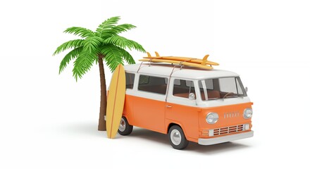 Orange camper van with surfboards and palm tree