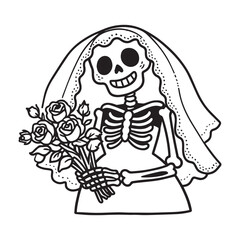 A charming hand-drawn doodle sticker of a skeleton bride with a delicate lace veil and a bouquet of dried roses.