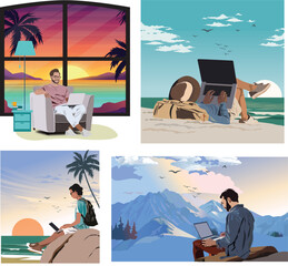 Remote Worker Set of Vector Illustration Working From Home