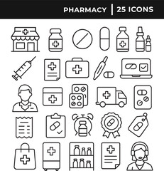 Set of pharmacy related icon collection line art vector illustration