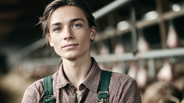 Young woman with tousled hair wearing overalls and a patterned shirt looking towards the camera in a rustic setting