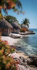 Fototapeta premium Tropical beach huts, ocean view, Caribbean vacation