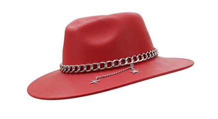 Red fedora hat with metal chain