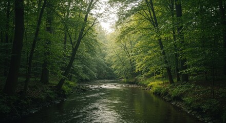 Fototapeta premium Serene Forest River Scene with Lush Green Trees and Sunlight.