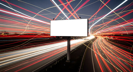  A long-exposure shot showing a blank billboard on a highway, with the light trails of cars from an entire day creating a massive, overlapping web of light