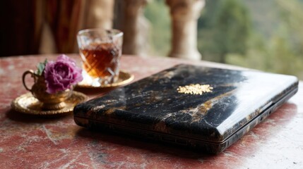 Black marble laptop with gold accent next to a glass of amber liquid and purple flower