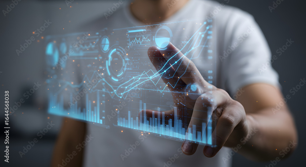 Poster person interacting with a futuristic holographic interface displaying complex data visualizations an