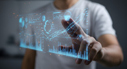 Person interacting with a futuristic holographic interface displaying complex data visualizations and network diagrams showcasing technological advancement and digital interaction
