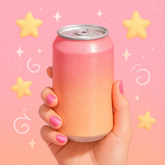 Pink and orange can on yellow stars background