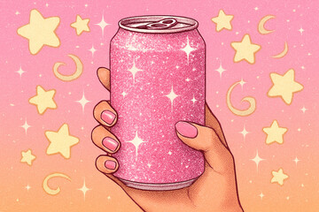 Illustrated shiny pink can in hand
