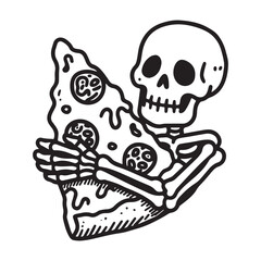 A quirky black and white doodle line art illustration featuring a single slice of pizza being affectionately hugged by a skeletal arm. 