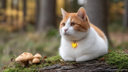 A cat with a glowing pendant in a dark forest with glowing mushrooms, Halloween vibes, copy space,