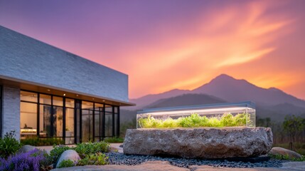 Modern building and illuminated plant terrarium at dusk with mountain backdrop and colorful sky