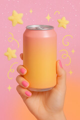Orange and pink can in hand on pink stars background