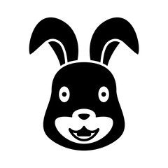 minimalist black and white vector illustration of a happy rabbit's face. the design features a rounded head, long ears, large round eyes, a small nose, and a simple mouth with two prominent buck teeth
