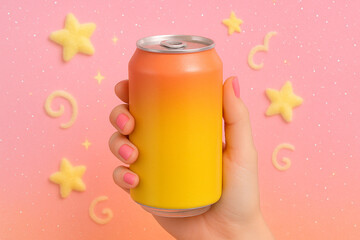 Yellow and orange can on a pink background with stars