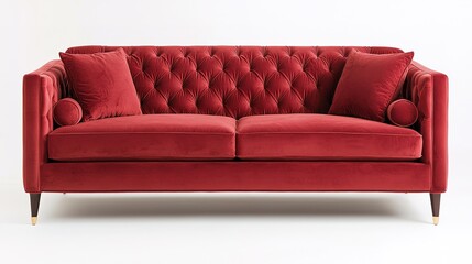 Fototapeta premium A luxurious red velvet sofa with a tufted design, featuring round cushions and elegant wooden legs, perfect for stylish living spaces.