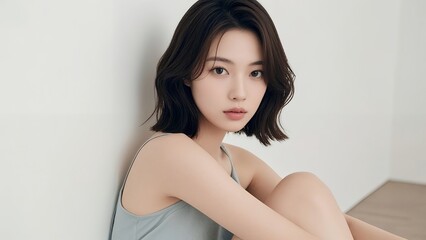 Naklejka premium 壁に寄りかかって座る物憂げな表情の女性