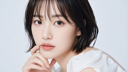 ウェットヘアでポーズをとる若い女性のポートレート