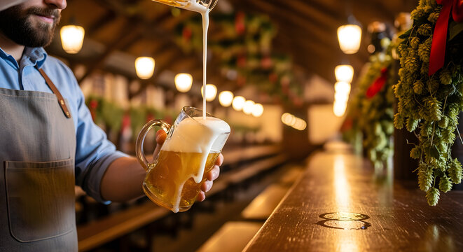Bartender pouring beer into a large glass mug in a restaurant setting. Suitable for bar, pub, brewery, or beverage industry marketing.