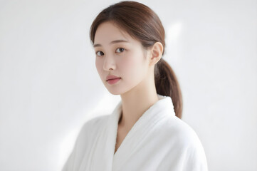 Fresh-Faced Woman in White Robe Looking at Camera