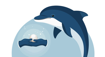 Naklejka premium A captivating marine illustration featuring a graceful dolphin and a shimmering pearl in hands creating a magical underwater scene