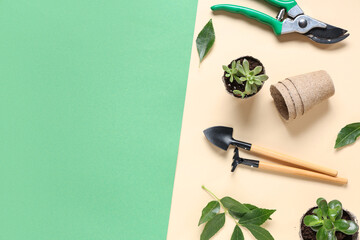 Gardening tools with shovel, rake and pruner on colorful background. Top view
