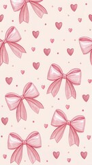Seamless pattern of pink bows and hearts, a sweet and romantic design for backgrounds and decorations