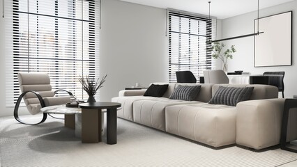 Luxury, modern living room and dining room with beige leather sofa, rocking chair on carpet, table...
