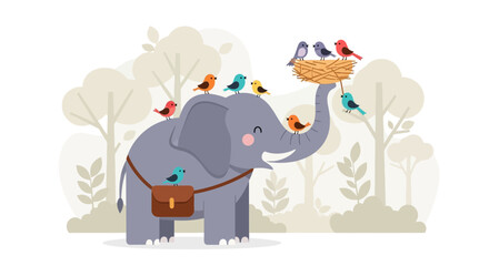 Adorable cartoon elephant carrying birds nest in whimsical forest setting illustration