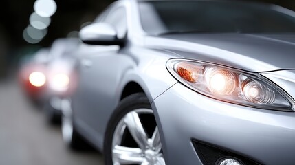 Fototapeta premium Close up of a silver car's illuminated headlight and wheel with bokeh background