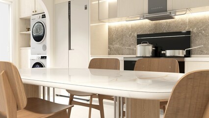 White marble dining table with wooden chair, kitchen counter, black induction stove by laundry room...