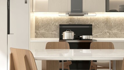 White marble dining table with wooden chair, kitchen counter, black induction stove, with stone...