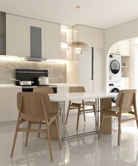 Luxury, modern white kitchen counter in dining room by laundry area in sunlight for interior design...