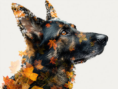 Dog Portrait Autumn Background Animal Pet Nature Leaves Vivid Harmony Landscape Detailed Pup German Shepherd Canine Profile Silhouette Photography Forest Woodland Greenery Brown Muzzle Eyes Ears Bark - Powered by Adobe