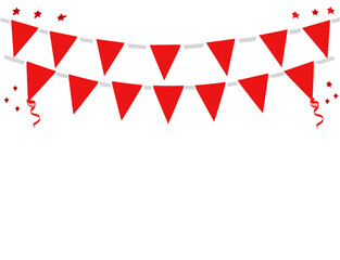 Red triangular pennants strung on a light gray string, festive decoration.