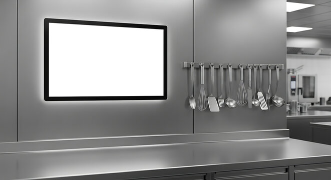 A blank digital screen mounted on a stainless steel wall in a high-tech, professional cooking school kitchen