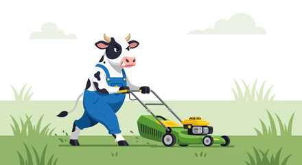 A Determined Cartoon Cow Mowing the Lawn with Overalls and Grumpy Expression
