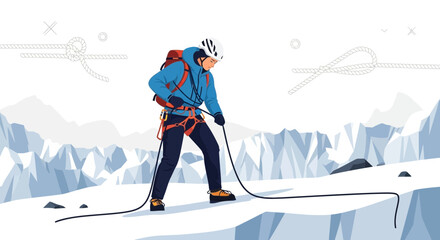 A determined climber descends a snowy mountain using ropes and safety gear for adventure