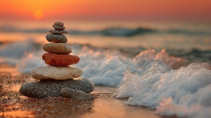 Fototapeta premium A single, perfectly balanced stone cairn on a beach at sunset