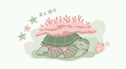 Adorable sleeping turtle resting under a coral reef surrounded by starry companions and dreaming the sweetest dreams